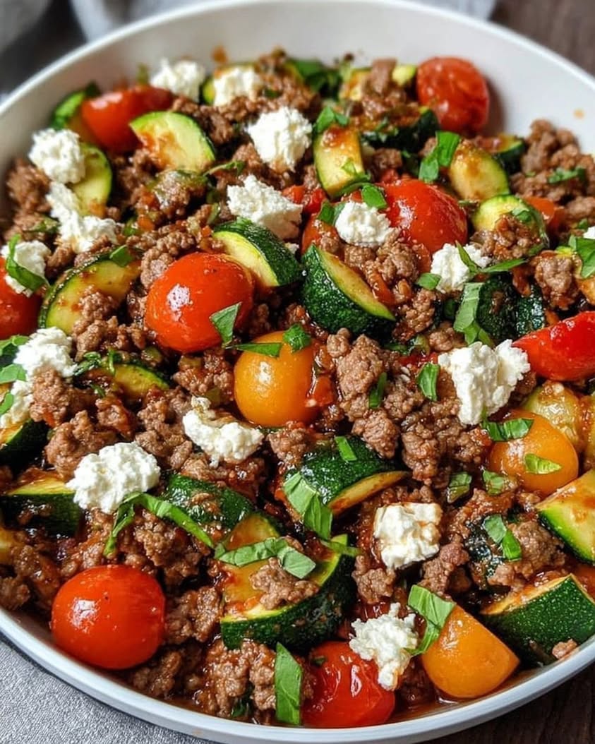 Vibrant Mediterranean Beef Stir Fry with Feta Zucchini Cherry Tomatoes