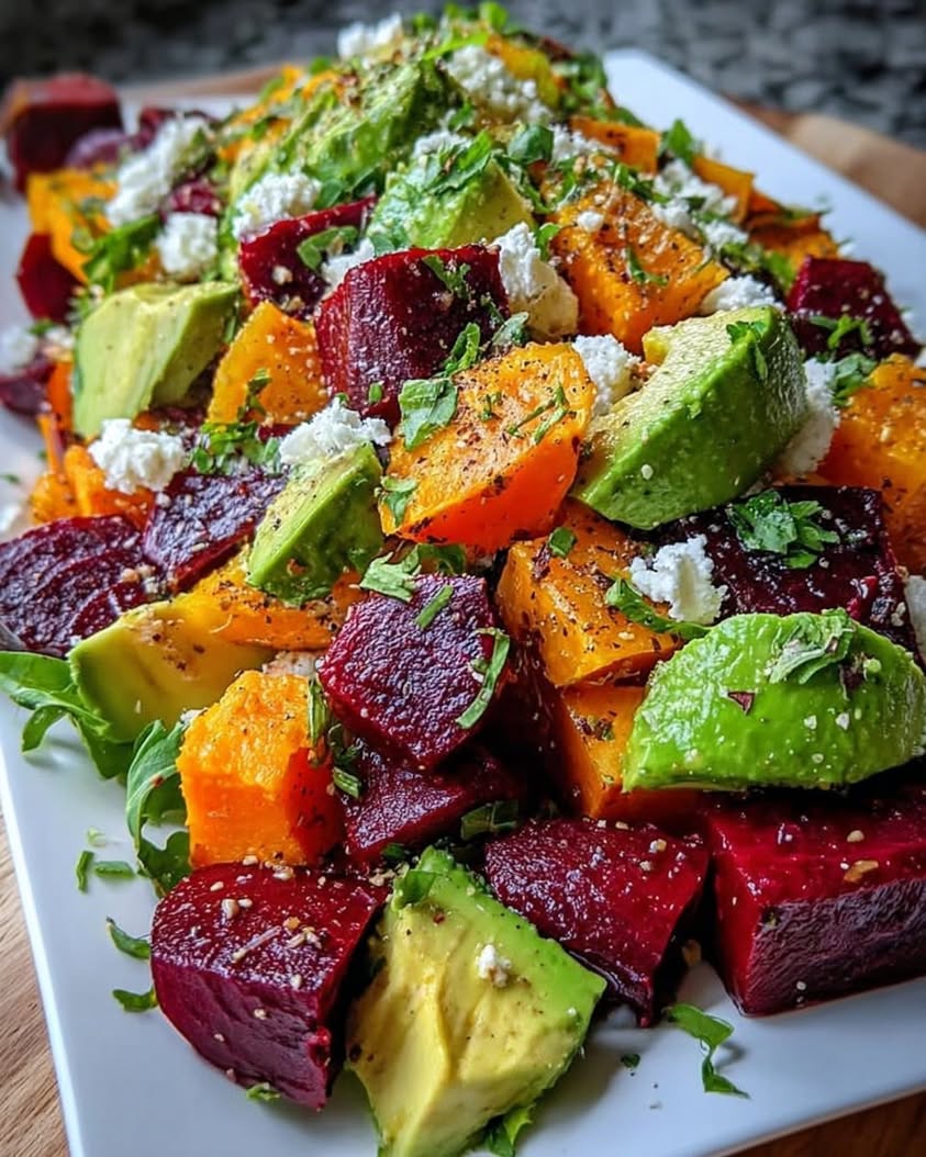 Vibrant Roasted Beet Sweet Potato Avocado Salad