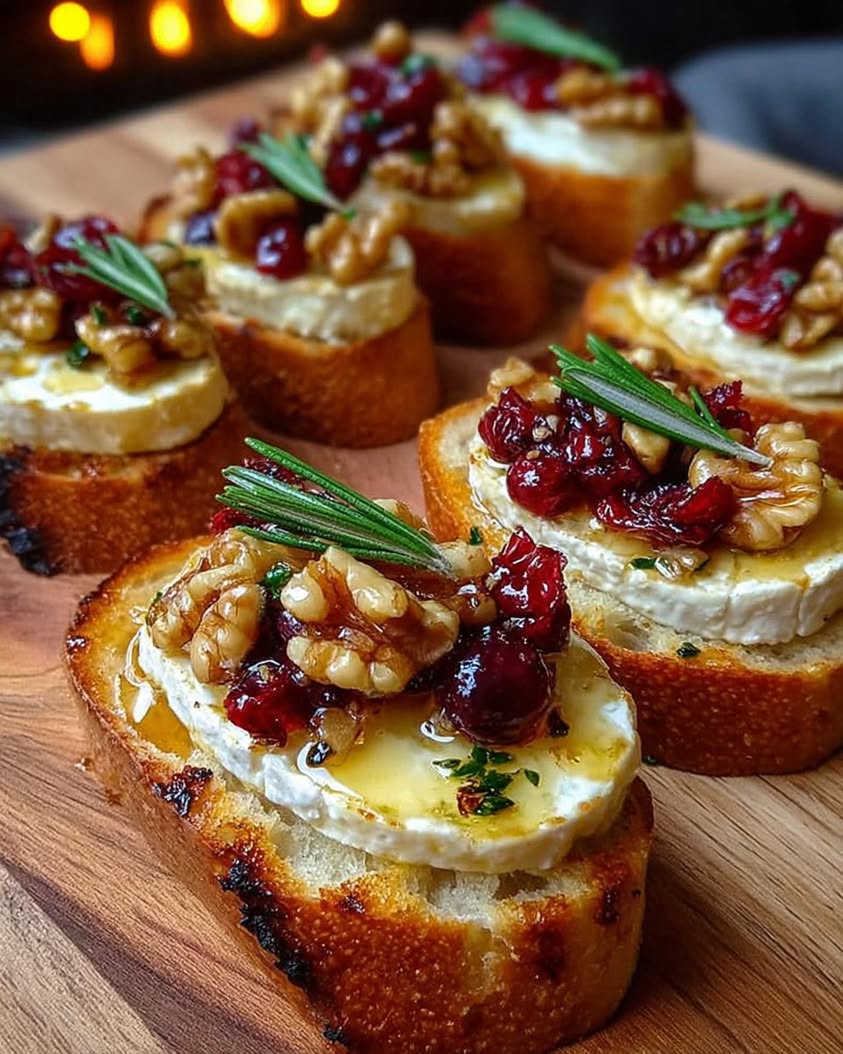 Warm Brie Cranberry Walnut Crostini with Hot Honey 1