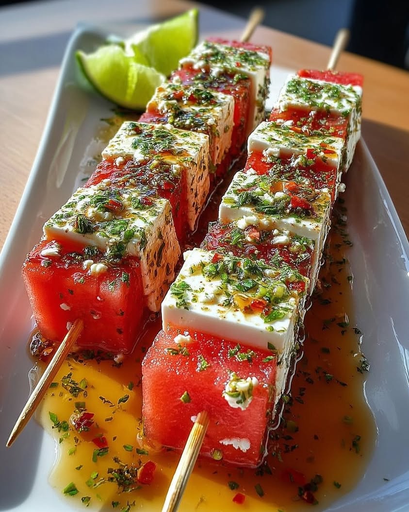 Watermelon Feta Mint Skewers with Hot Honey Drizzle
