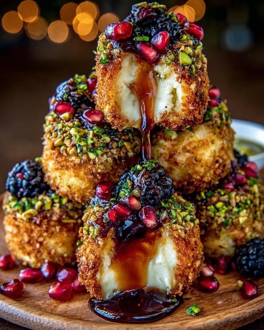 Blackberry Hot Honey Brie Bites with Crispy Pistachio Crust Pomegranate Crunch