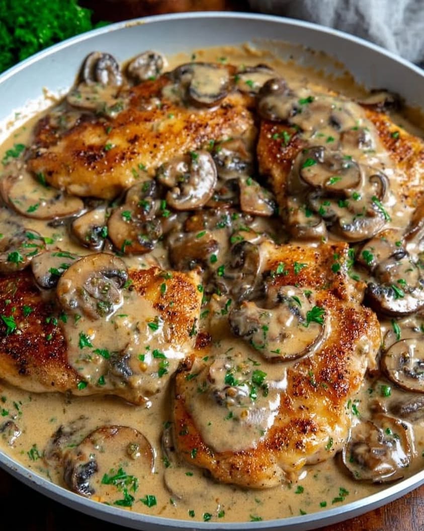Chicken and Mushroom Skillet in a Creamy Asiago and Mustard Sauce