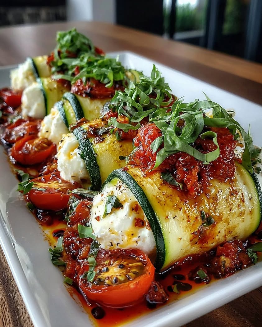 Creamy Burrata Stuffed Zucchini Rolls with Tomato Glaze