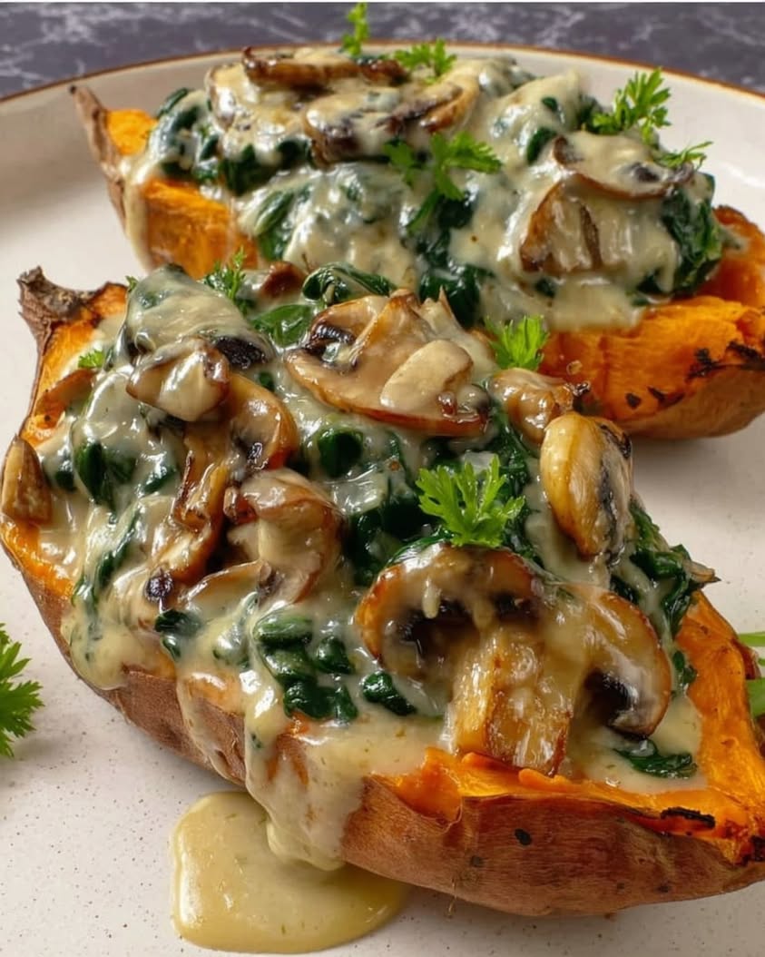 Creamy Mushroom Spinach Sweet Potato Boats