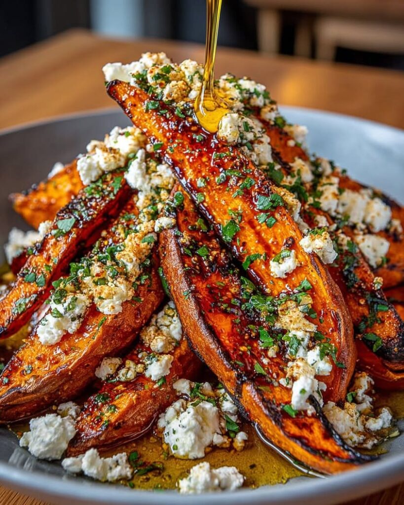 Crispy Roasted Sweet Potato Wedges with Feta and Hot Honey Drizzle