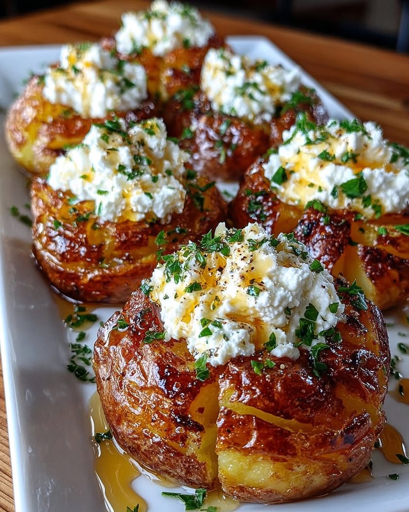 Crispy Smashed Potatoes with Whipped Feta and Hot Honey Drizzle