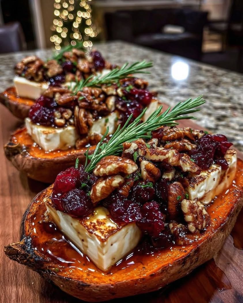 Crispy Sweet Potato Boats with Brie Pecans Cranberry Hot Honey