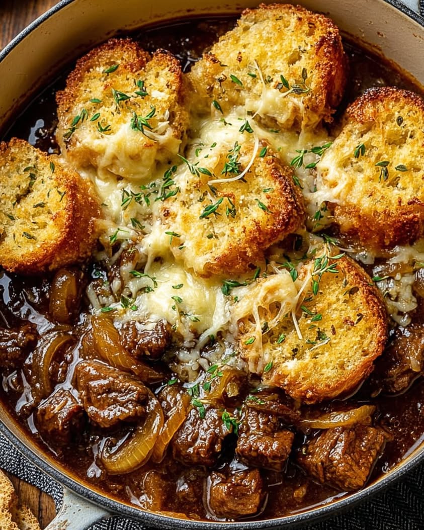 French Onion Beef Stew with Cheesy Bread Topping