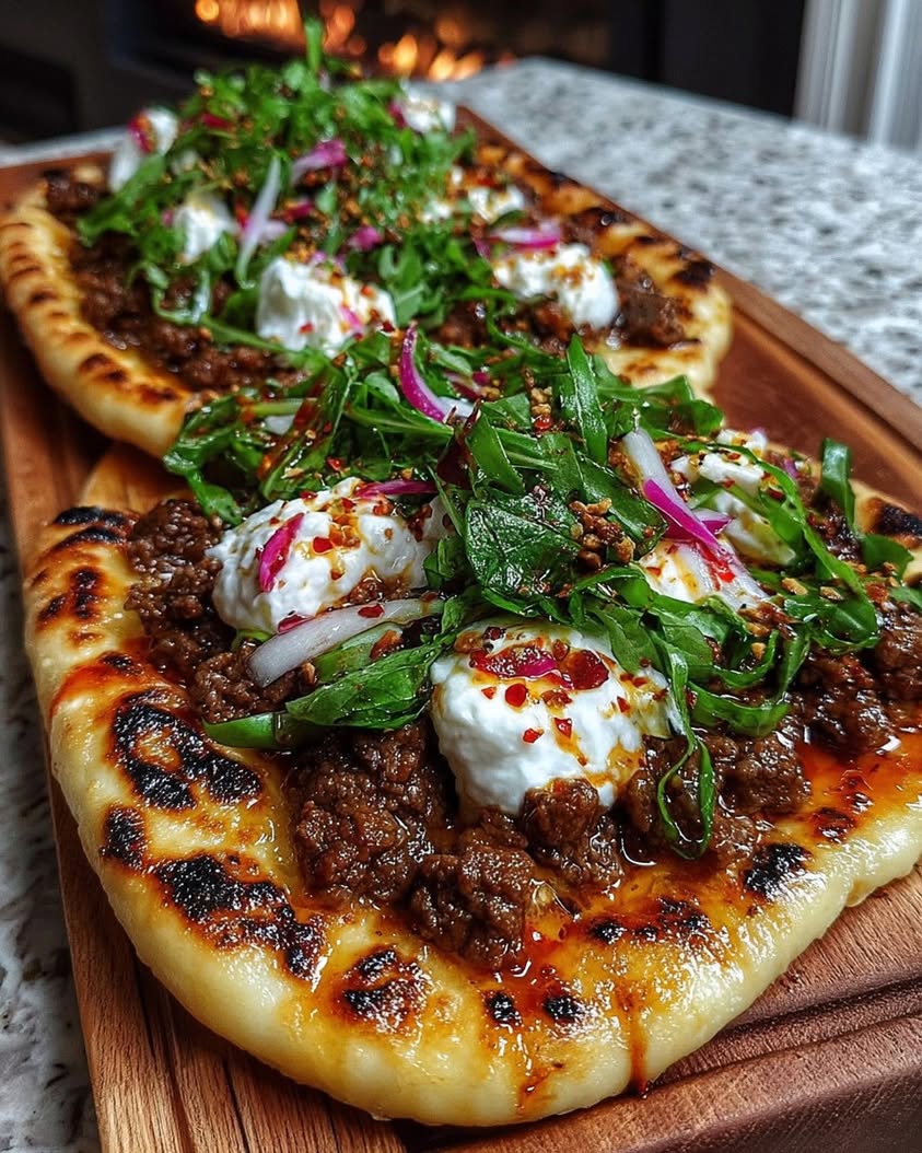 Garlic Butter Ground Beef Flatbread with Whipped Feta Sweet Heat Honey
