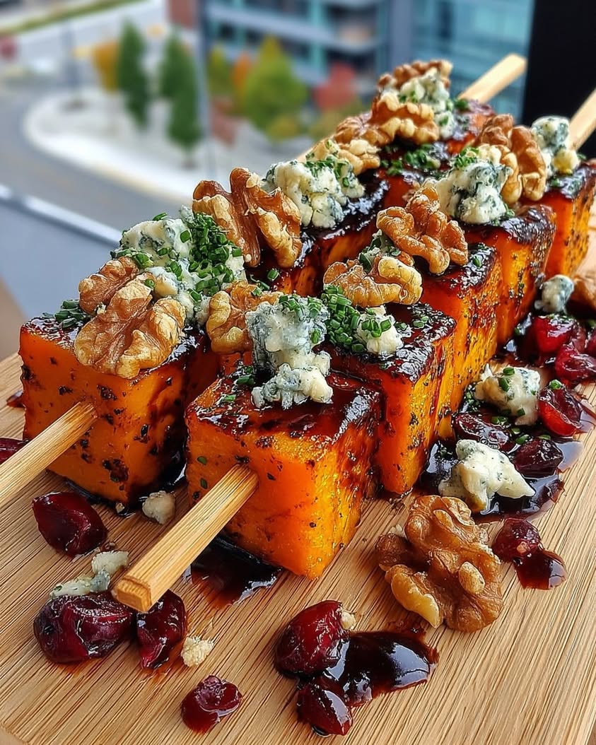 Golden Sweet Potato Skewers with Feta Walnuts Sticky Cranberry Maple