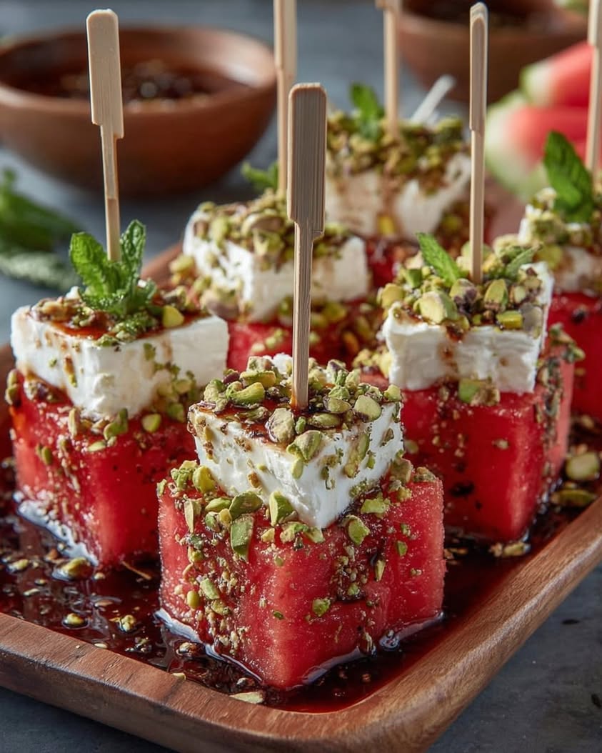 Hot Honey Watermelon Feta Bites with Mint