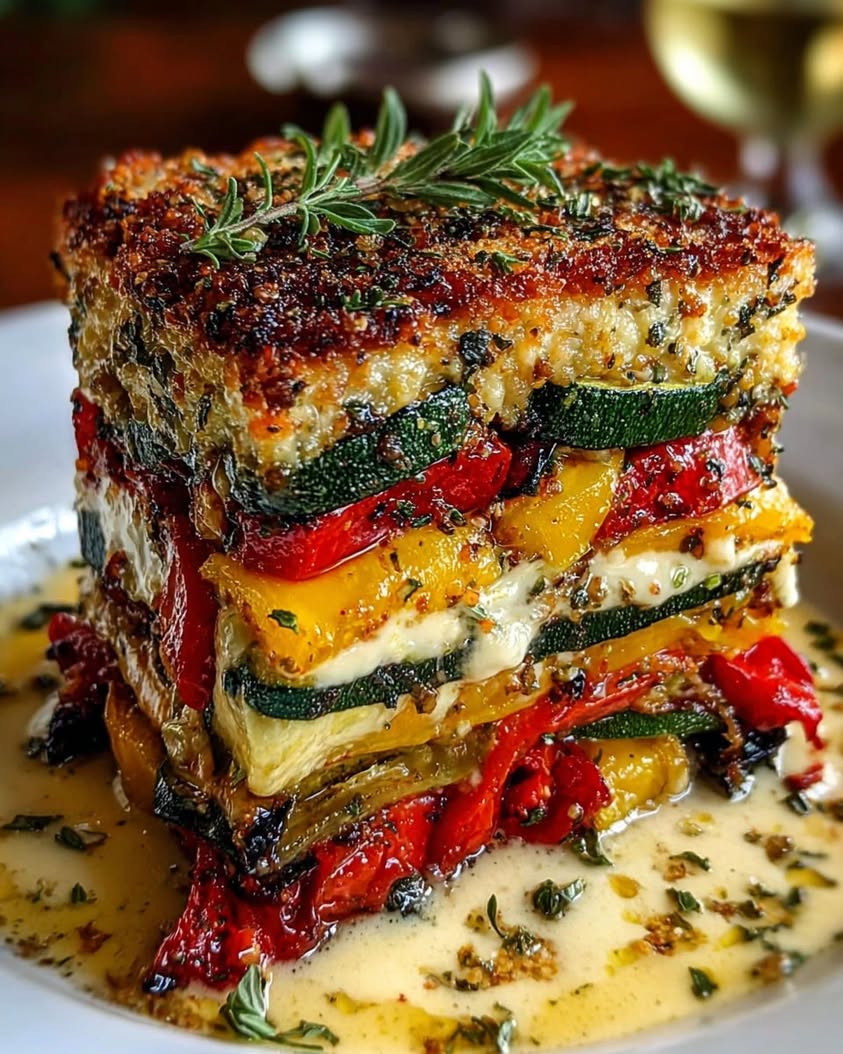 Layered Mediterranean Eggplant Zucchini Yellow Red Bell Pepper Lasagna with Creamy Garlic Herb Three Cheese Drizzle
