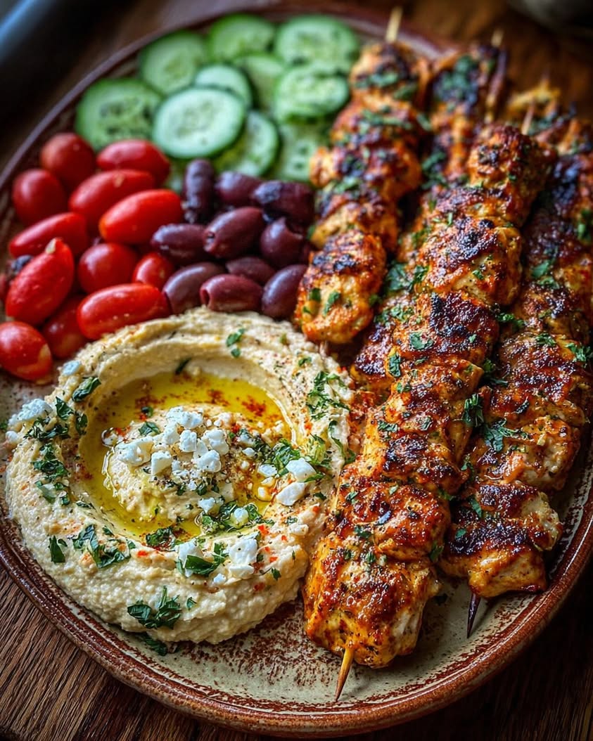 Mediterranean Chicken Skewers with Hummus Spread