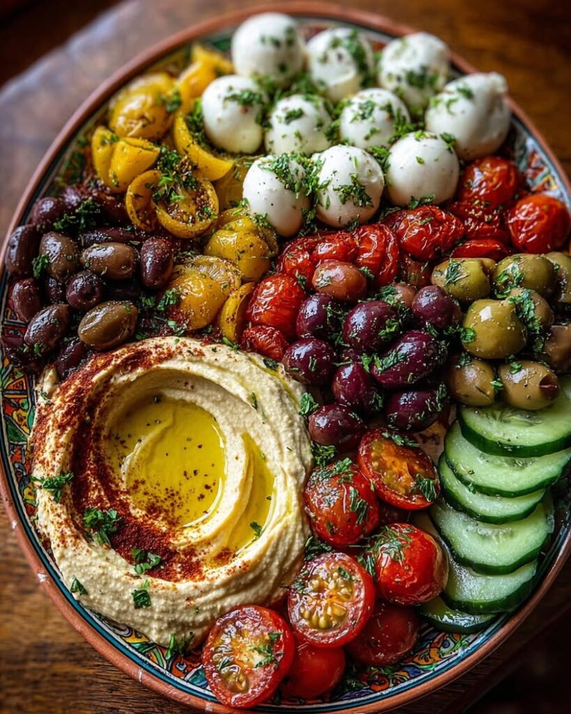 Mediterranean Mezze Platter with Hummus Olives Burrata