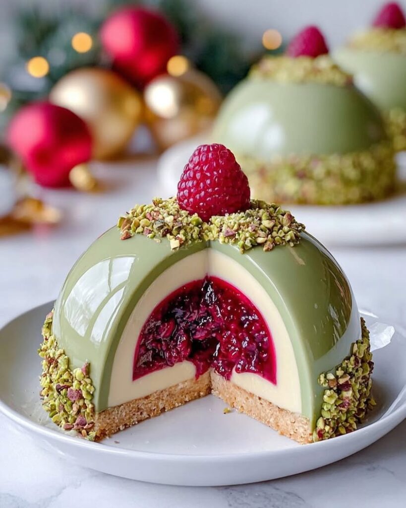 Pistachio Cheesecake Domes with Raspberry Surprise