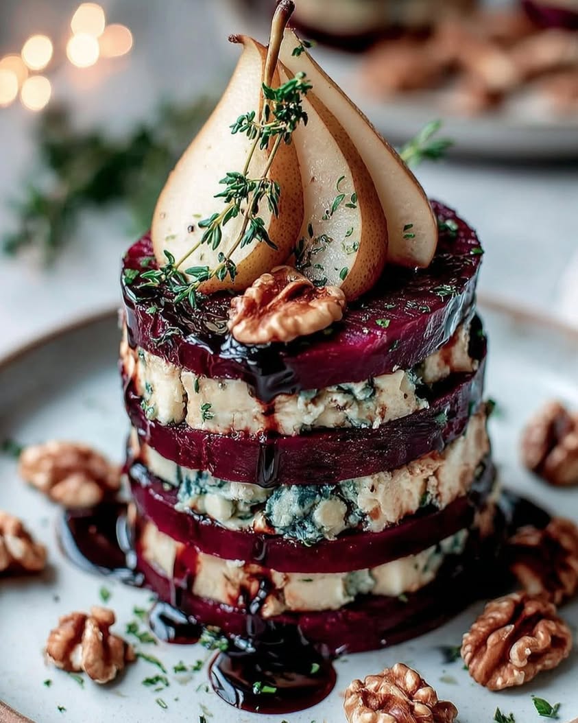 Roasted Beet Blue Cheese Towers with Pear Balsamic Glaze