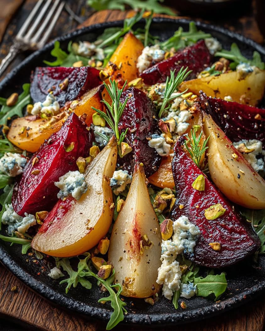 Roasted Beet and Caramelized Pear Salad with Feta Pistachios