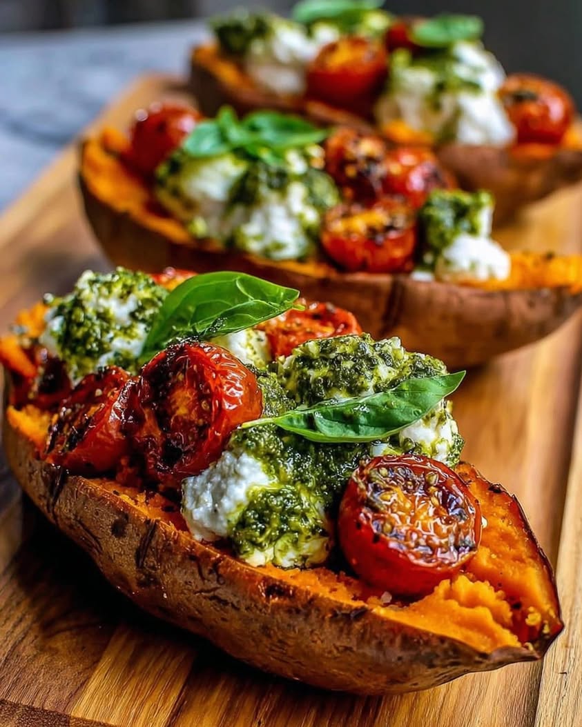 Roasted Sweet Potatoes Stuffed with Ricotta Cherry Tomatoes Pesto