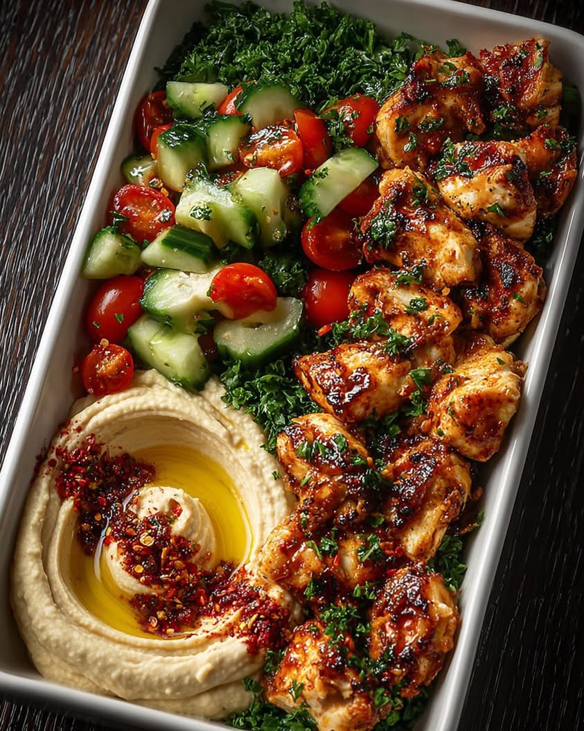 Spicy Garlic Chicken Bowl with Hummus Cucumber Salad