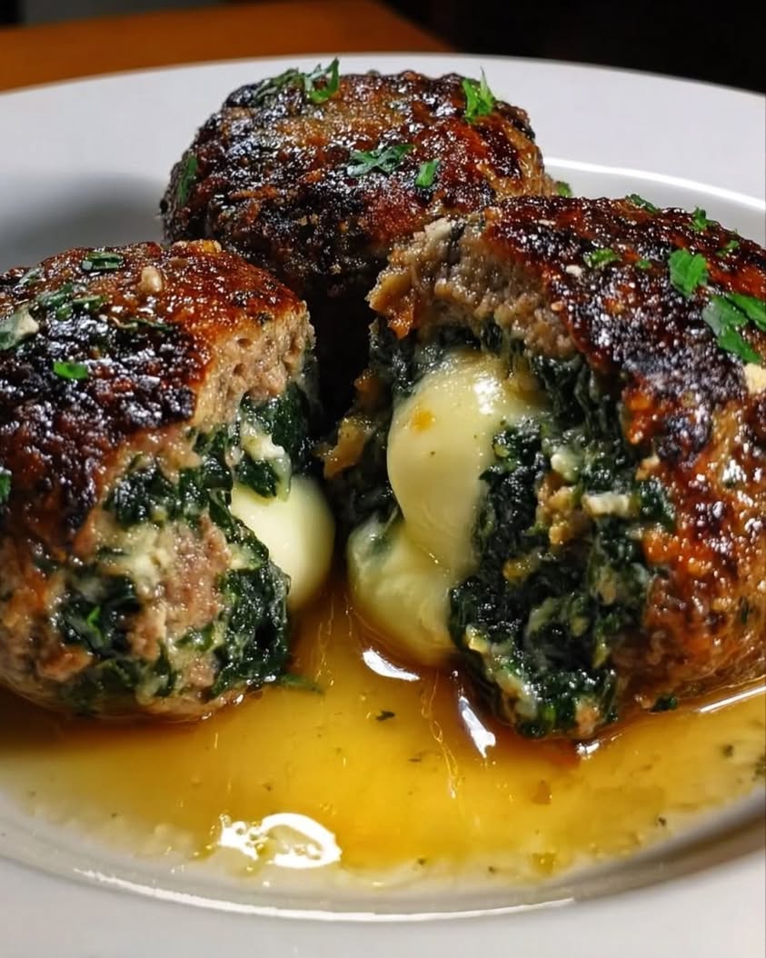 Spinach Garlic Meatballs Stuffed with Mozzarella