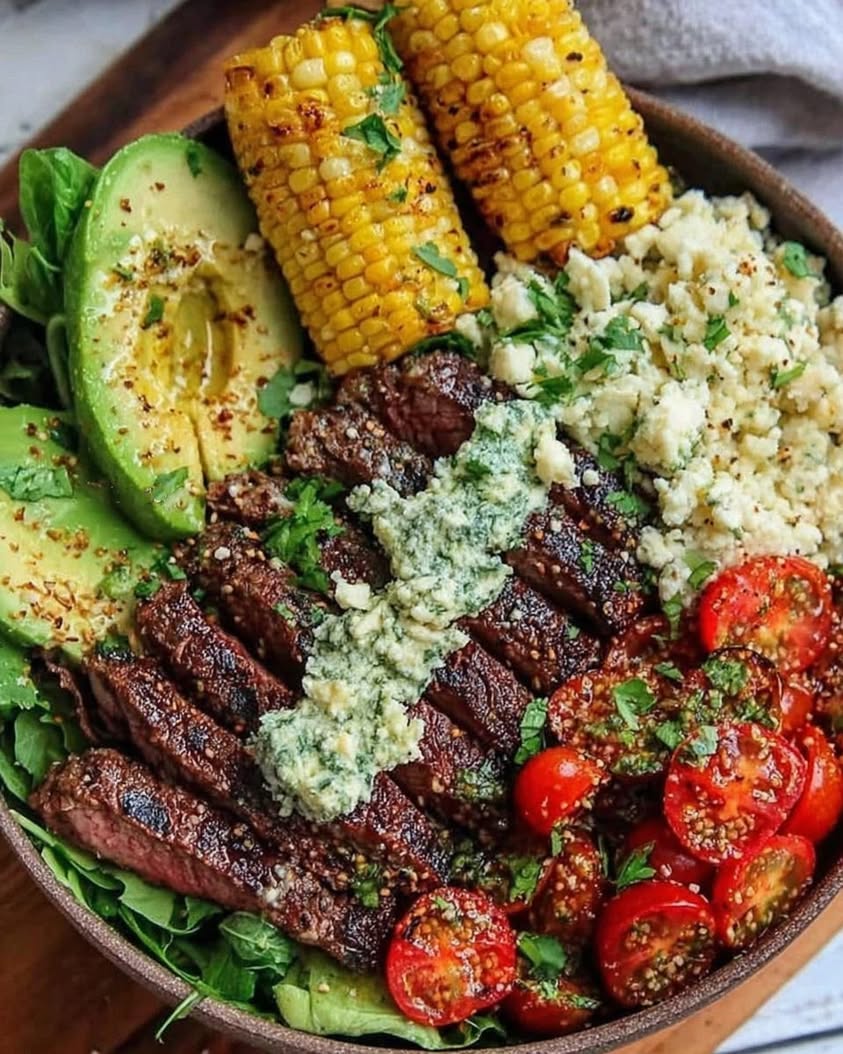 Steak Avocado and Roasted Corn Bowl with Cilantro Cream Sauce