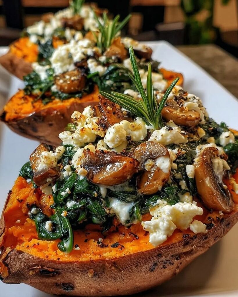 Stuffed Sweet Potatoes with Spinach Mushroom Feta Rosemary Drizzled with Lemon Garlic Yogurt Sauce