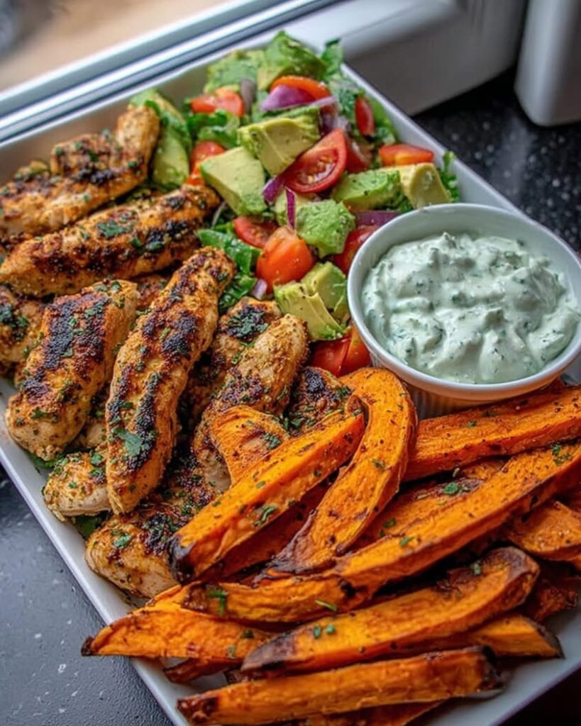 Ultimate Grilled Chicken Sweet Potato Bowl with Avocado Salsa Herbed Yogurt Dip