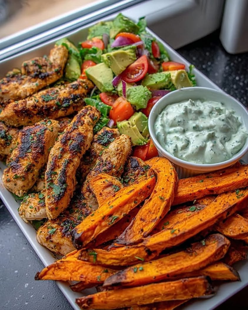 Ultimate Grilled Chicken Sweet Potato Bowl with Avocado Salsa Herbed Yogurt Dip