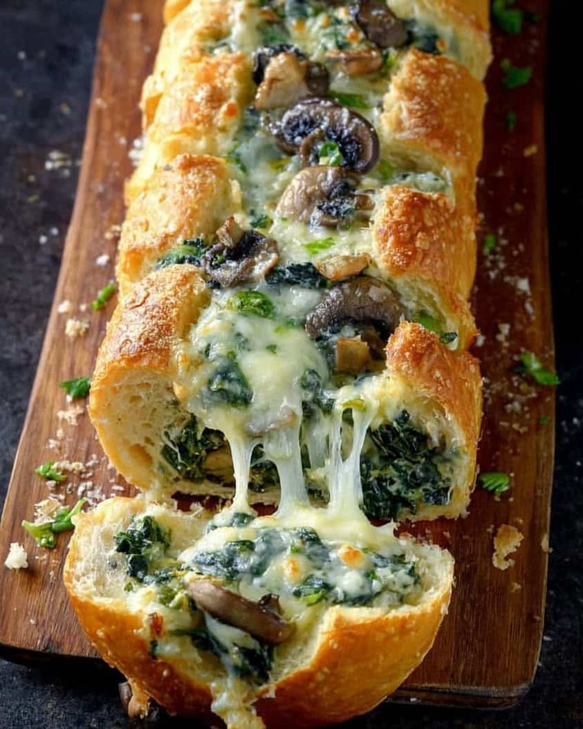 The Ultimate Cheesy Spinach Artichoke and Mushroom Stuffed Baguette Recipe