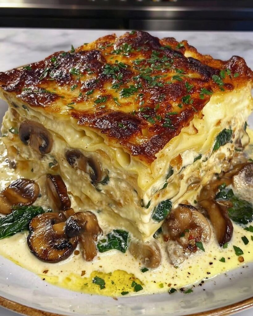 Cottage Cheese Mushroom Spinach Lasagna Bake
