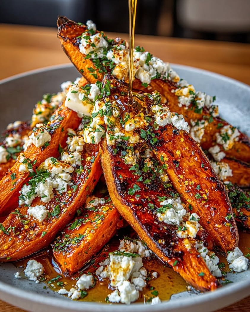 Crispy Roasted Sweet Potato Wedges with Feta and Hot Honey Drizzle