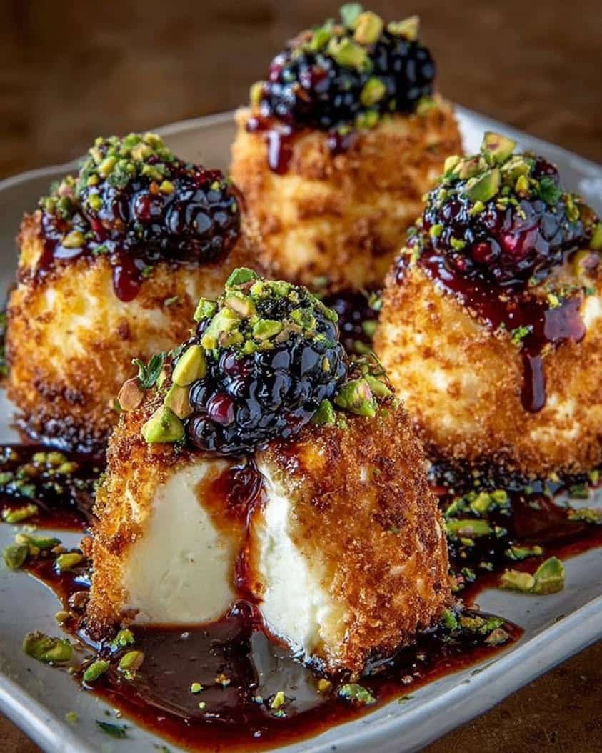 Feta Cheese Bites with Pistachio Crunch and Warm Blackberry Honey