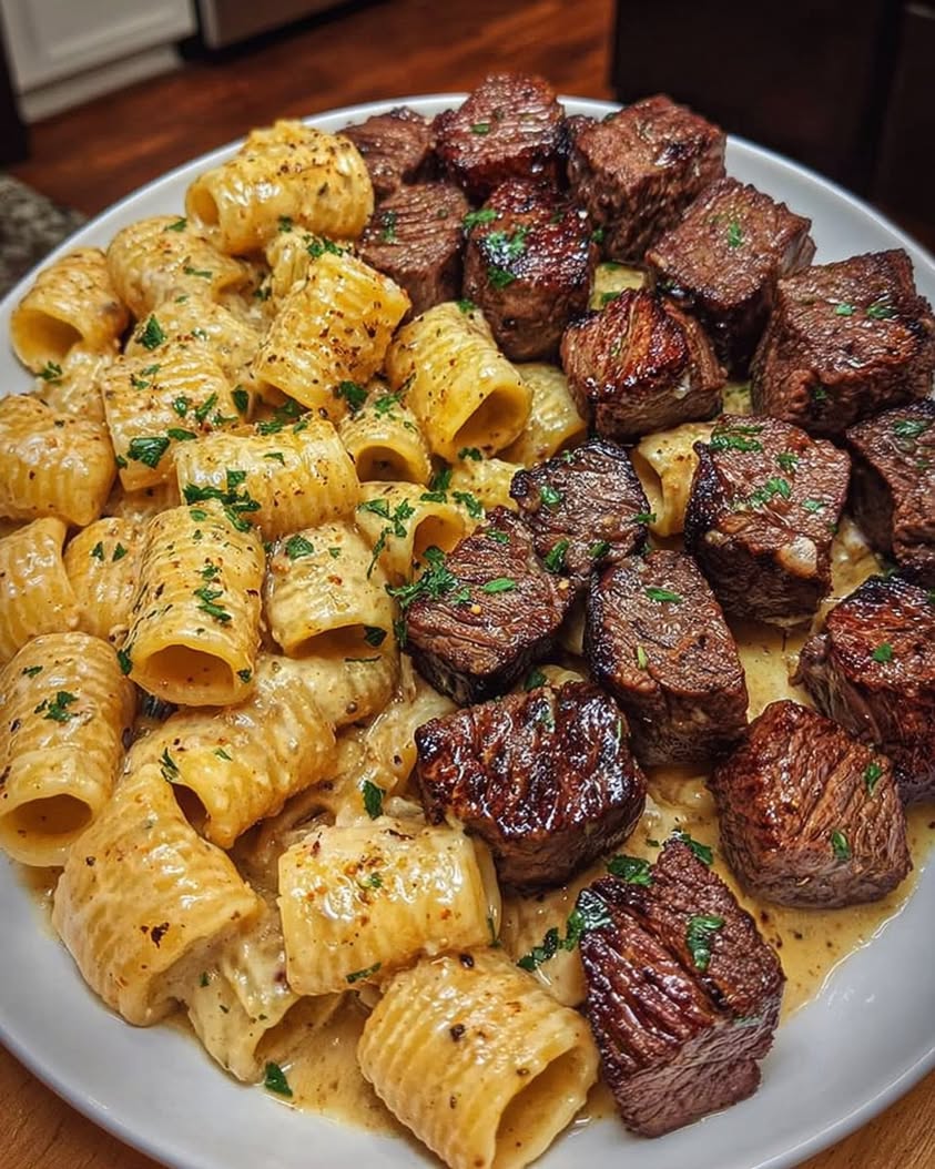 Irresistible Garlic Butter Steak Bites & Creamy Alfredo Rigatoni Recipe