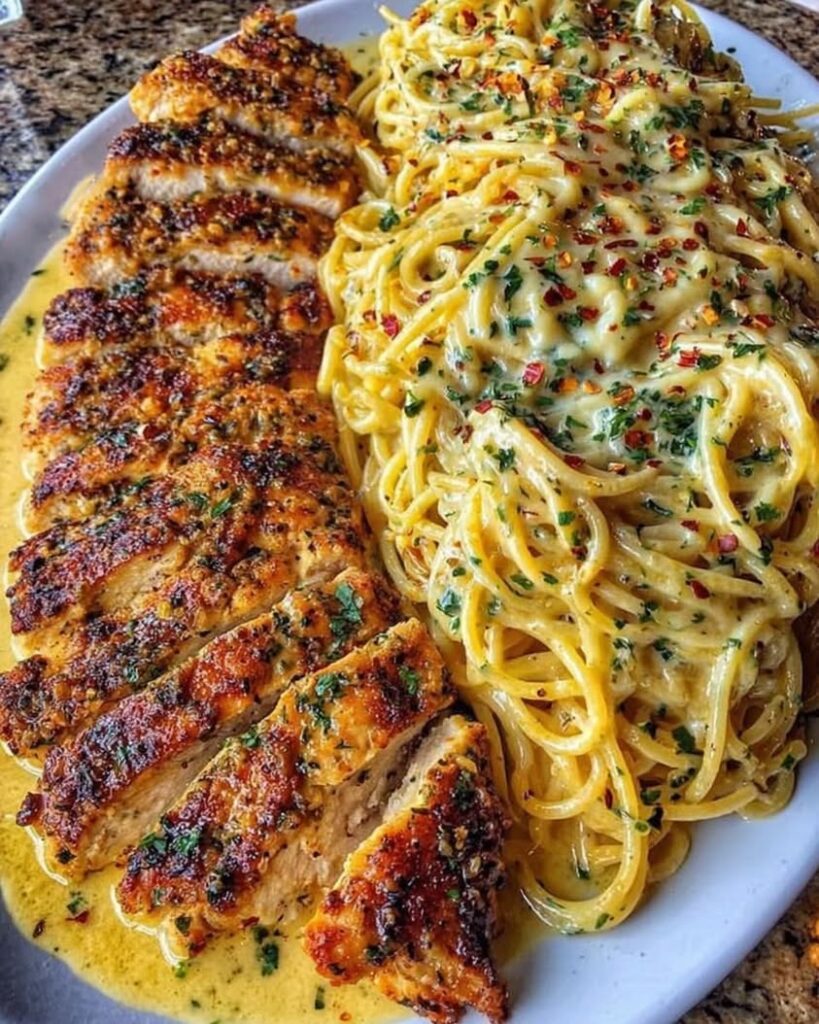 Garlic Parmesan Chicken Spaghetti in Spicy Cajun Cream Sauce