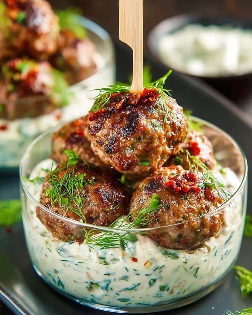 Greek-Style Beef Meatballs with Creamy Sun-Dried Tomato Tzatziki Recipe