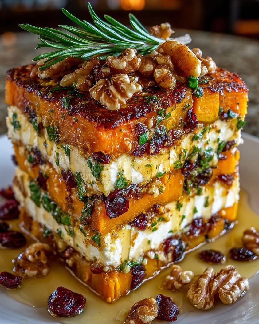 Layered Vegetable Lasagna with Feta, Walnuts, and Cranberry Honey Glaze 2 Layered Sweet Potato Butternut Squash Carrot Lasagna with Feta Walnuts and Cranberry Honey Glaze
