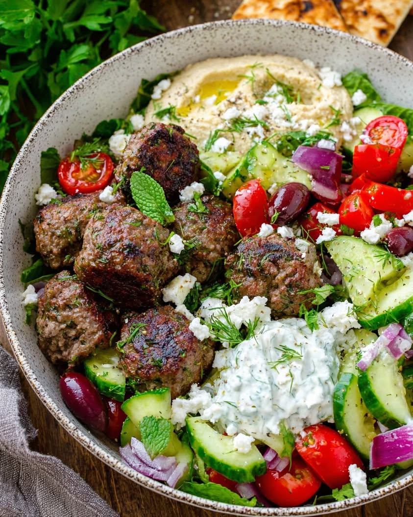 Mediterranean Greek Meatball Bowl with Tzatziki, Hummus & Fresh Village Salad 1 Mediterranean Greek Meatball Bowl with Tzatziki Hummus Fresh Village Salad
