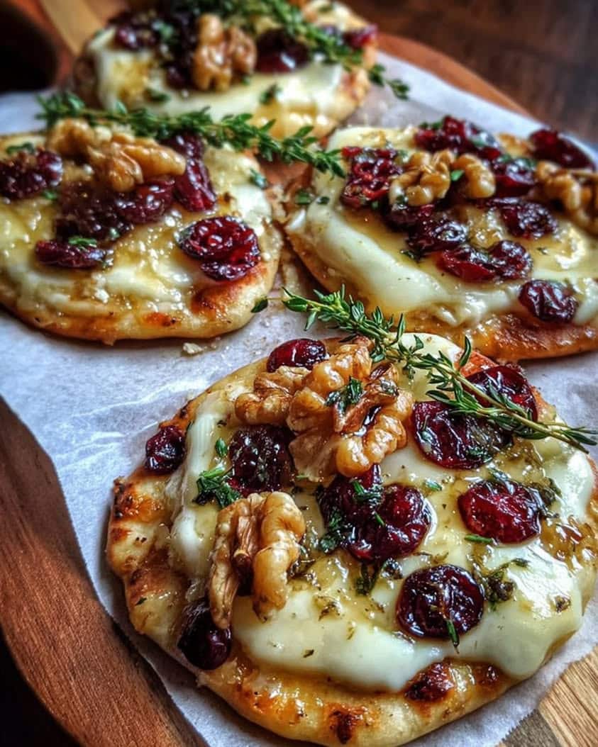 Mini Brie Cranberry Pizza with Hot Honey and Toasted Walnuts