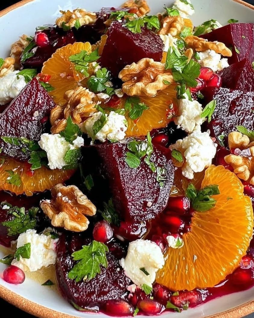 Ruby Beet and Citrus Salad with Pomegranate, Feta and Walnuts 2 Ruby Beet Citrus Salad with Pomegranate Feta Toasted Walnuts 1