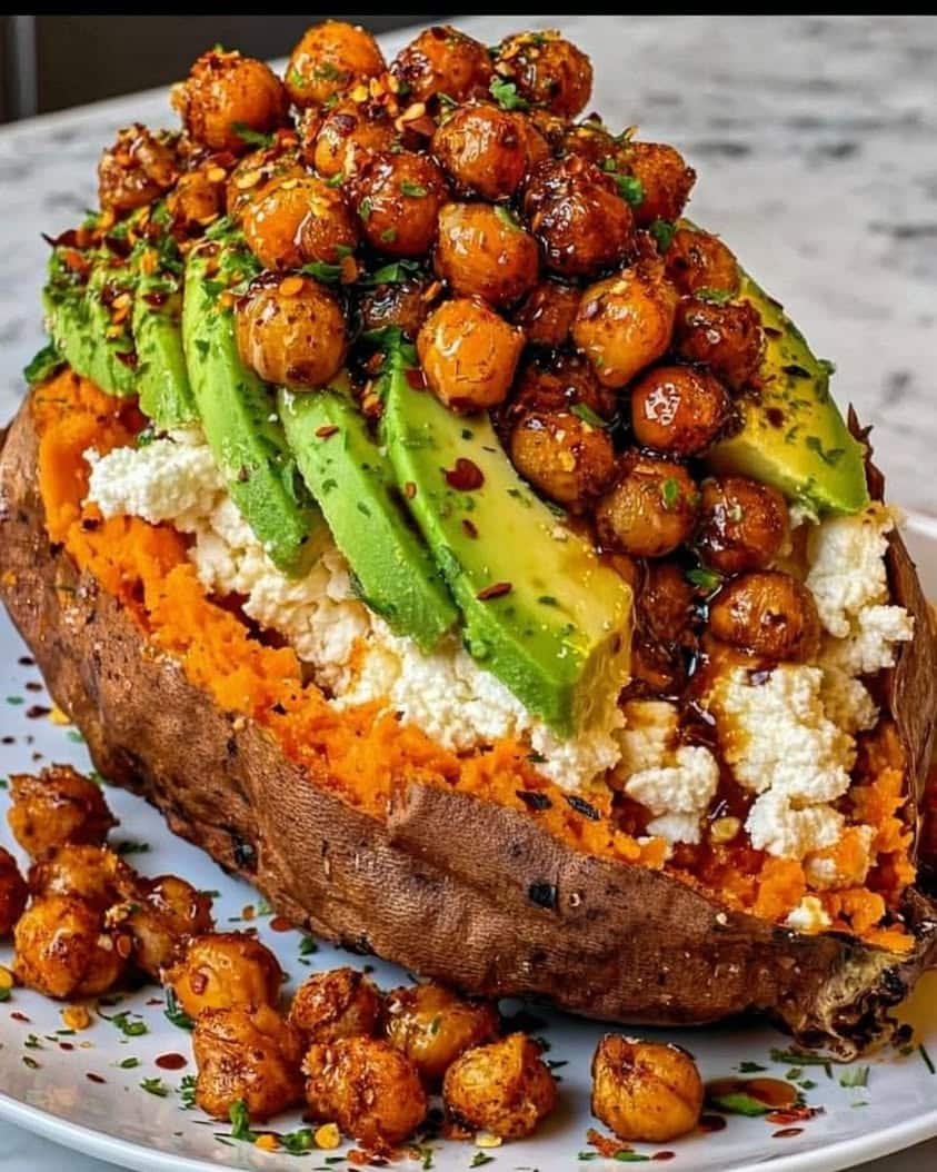 Smoky Roasted Sweet Potato Boats with Crispy Chickpeas and Spicy Lime Honey 4 Smoky Roasted Sweet Potato Boats with Crispy Chickpeas Spicy Lime Honey Drizzle