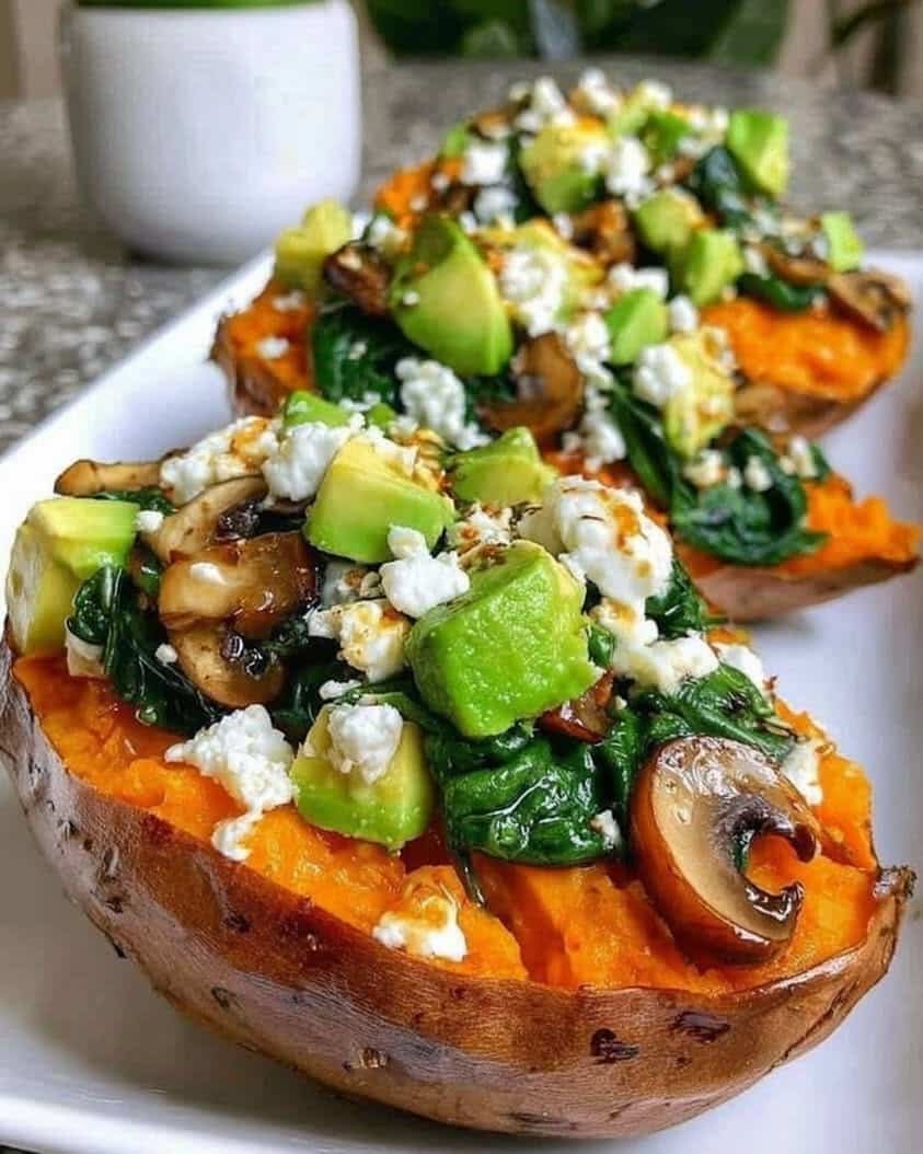 Stuffed Sweet Potatoes with Spinach, Avocado, Mushroom, and Feta 1 Stuffed Sweet Potatoes Spinach Avocado Mushroom Feta