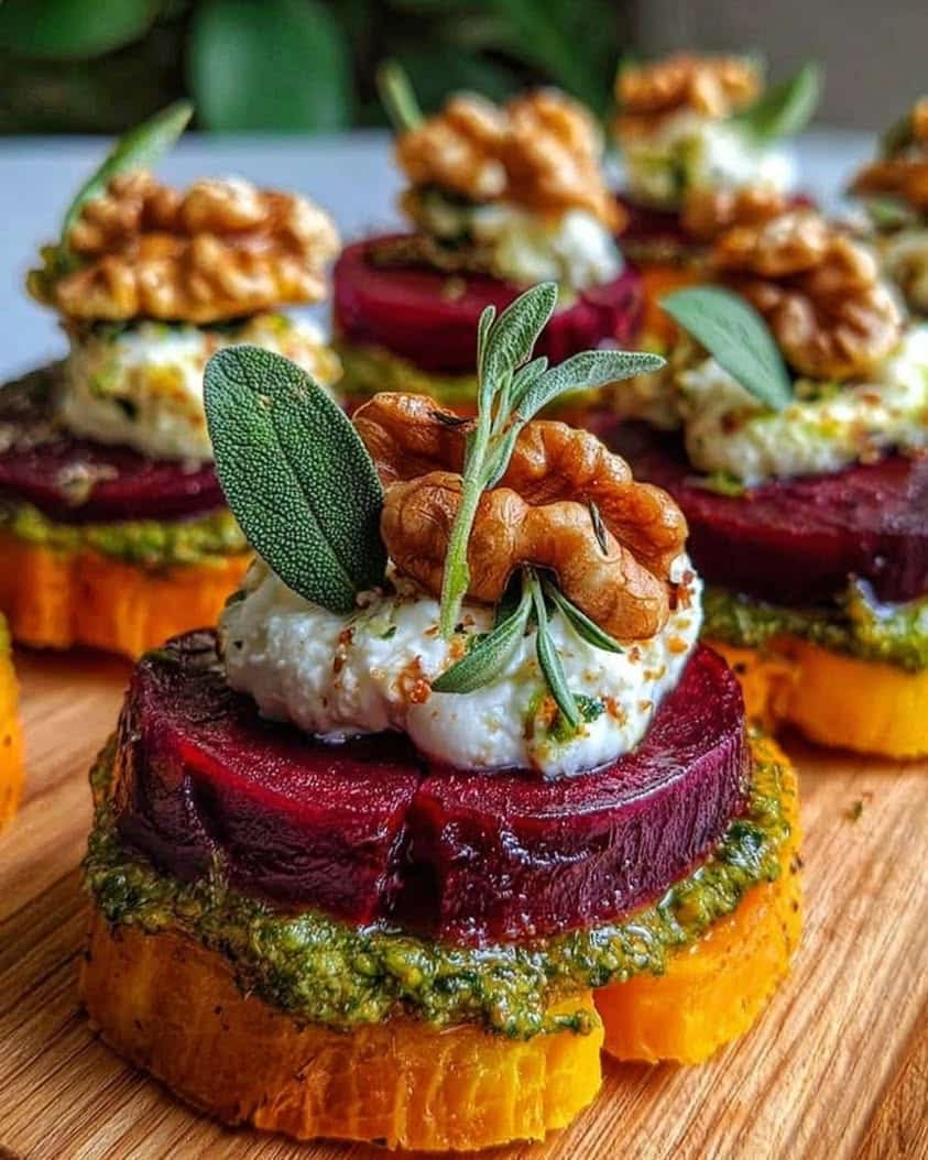 Sweet Potato and Beet Stacks with Pesto, Burrata, and Walnuts