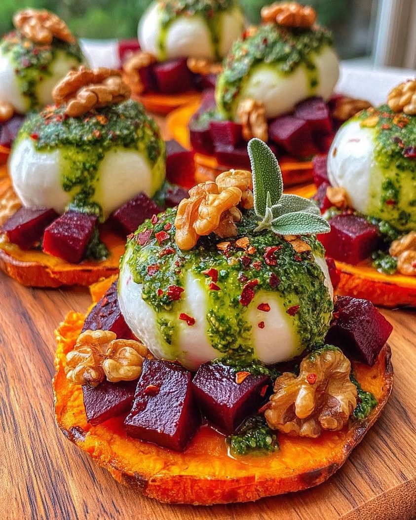 Sweet Potato Rounds with Burrata, Roasted Beets, and Walnut Sage Pesto: An Easy Elegant Appetizer 10 Sweet Potato Rounds with Burrata Roasted Beets and Walnut Sage Pesto
