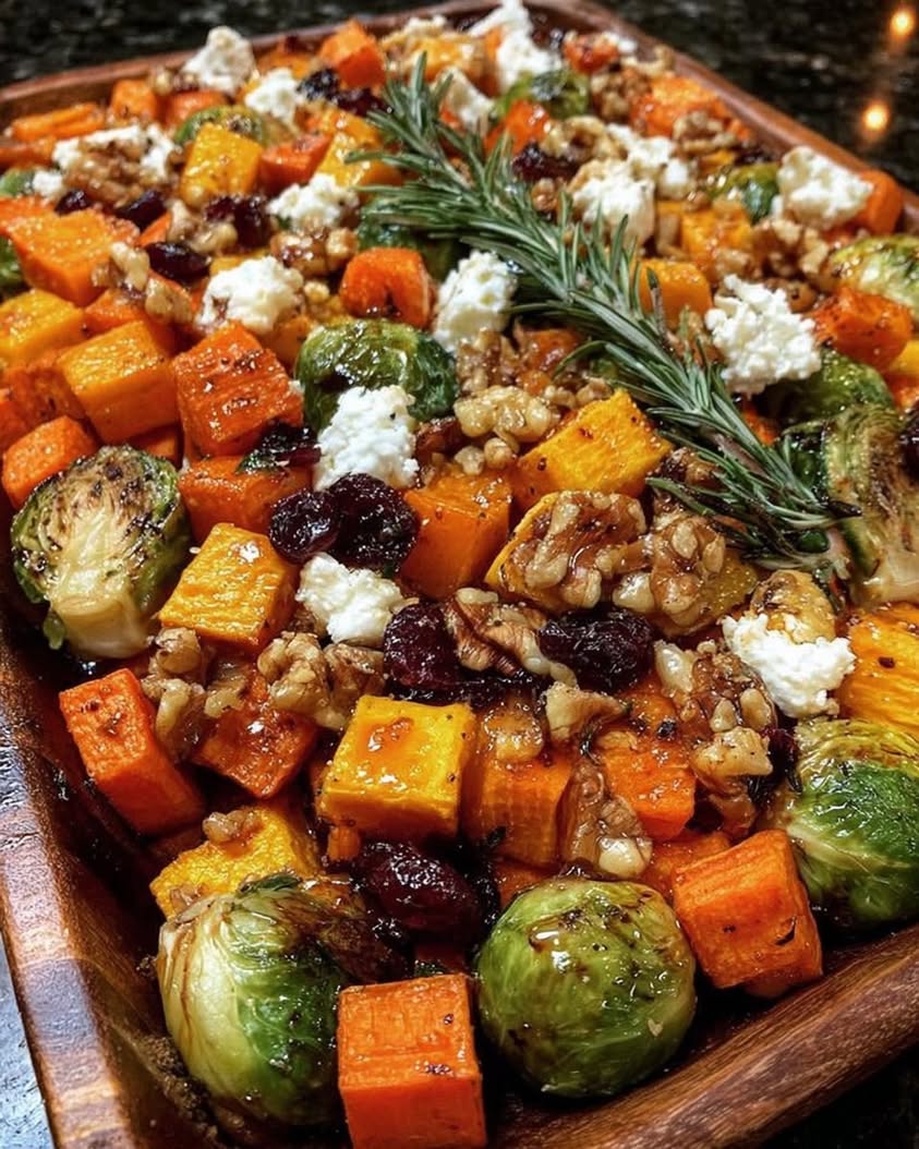 The Ultimate Roasted Fall Vegetables Recipe with Feta and Walnuts 1 Caramelized Butternut Squash Carrots Brussels Sprouts Sweet Potato with Feta Walnuts Cranberry Honey Glaze