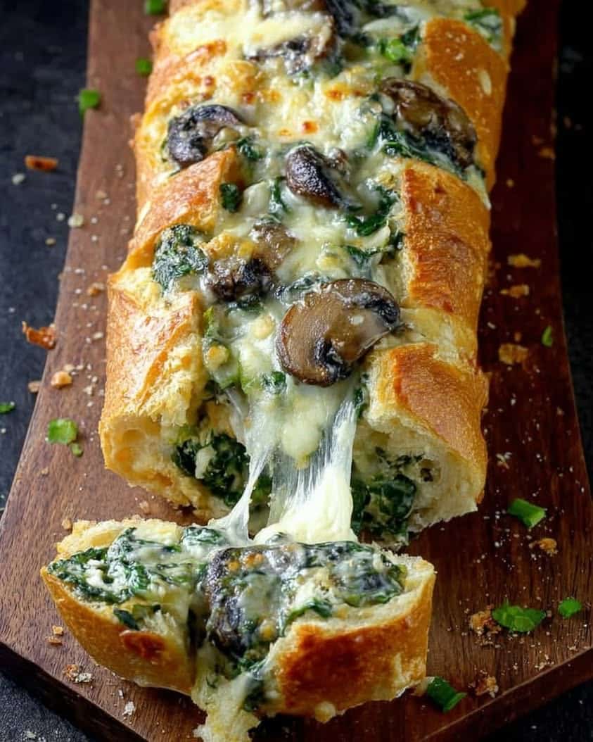 The Ultimate Cheesy Spinach Artichoke Mushroom Stuffed Baguette Recipe 9 Cheesy Spinach Artichoke Mushroom Stuffed Baguette 1