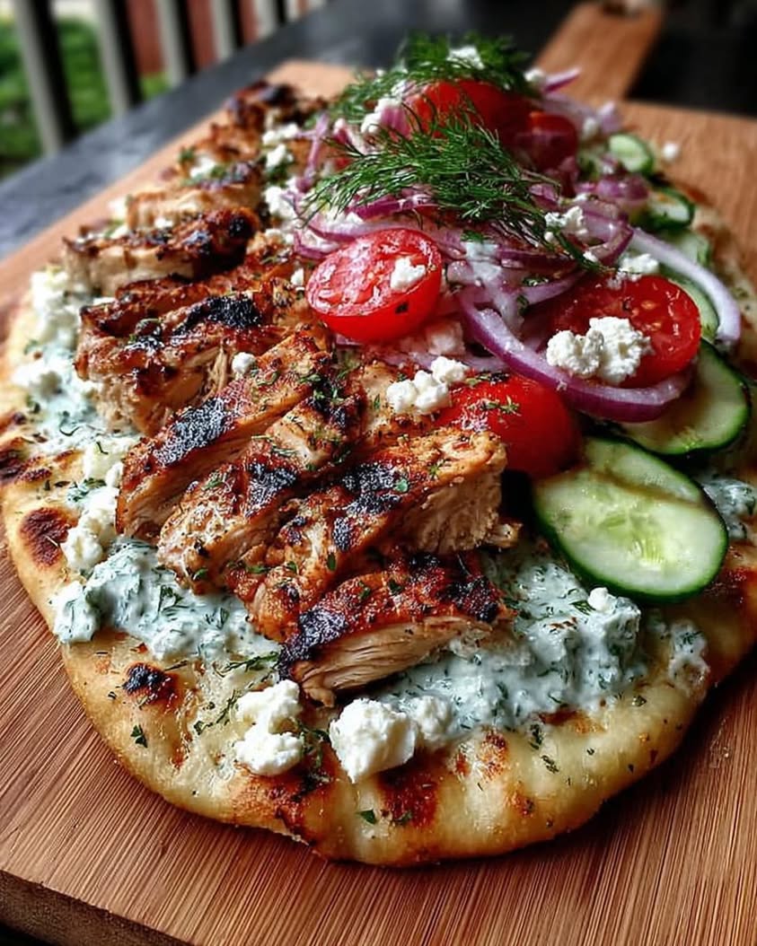 The Ultimate Creamy Greek Chicken Flatbread Recipe with Fresh Tzatziki 8 Creamy Greek Chicken Flatbread with Tzatziki Cucumbers Tomatoes Red Onion