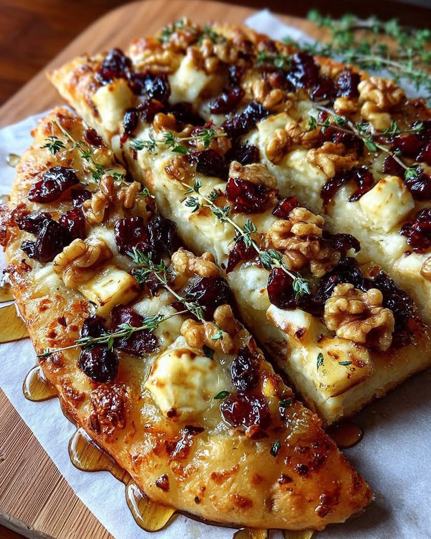 The Ultimate Crispy Flatbread with Brie, Cranberries, Hot Honey 2 Crispy Flatbread with Brie Cranberries Toasted Walnuts with a Hot Honey Drizzle