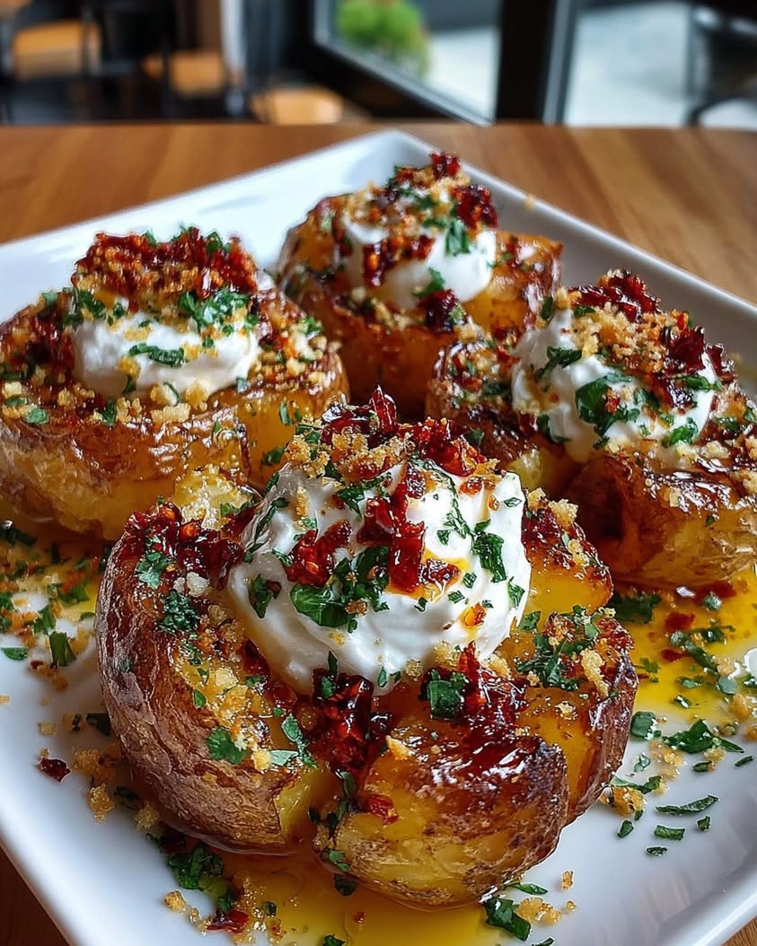 The Ultimate Crispy Parmesan Smashed Potatoes with Whipped Feta & Chili Honey 10 Crispy Parmesan Smashed Potatoes with Whipped Feta Cream Chili Crisp Honey