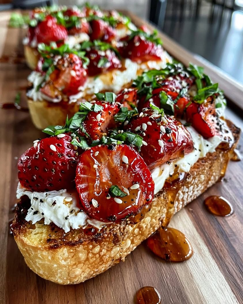 The Ultimate Spring Crostini with Whipped Brie and Hot Honey Strawberries 2 Crostini with Whipped Brie Roasted Strawberries Black Pepper Hot Honey Basil Drizzle