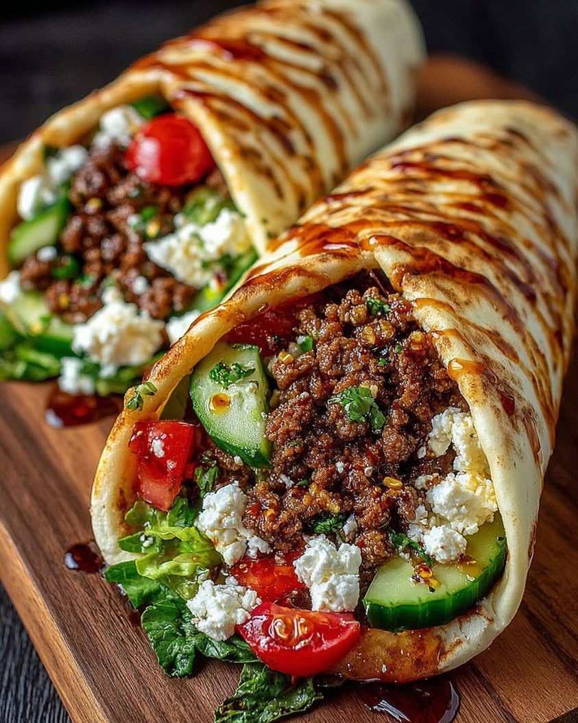The Ultimate Greek Beef Wraps with Roasted Garlic Feta and Hot Honey 8 Greek Beef Wraps with Roasted Garlic Feta Sauce Hot Honey